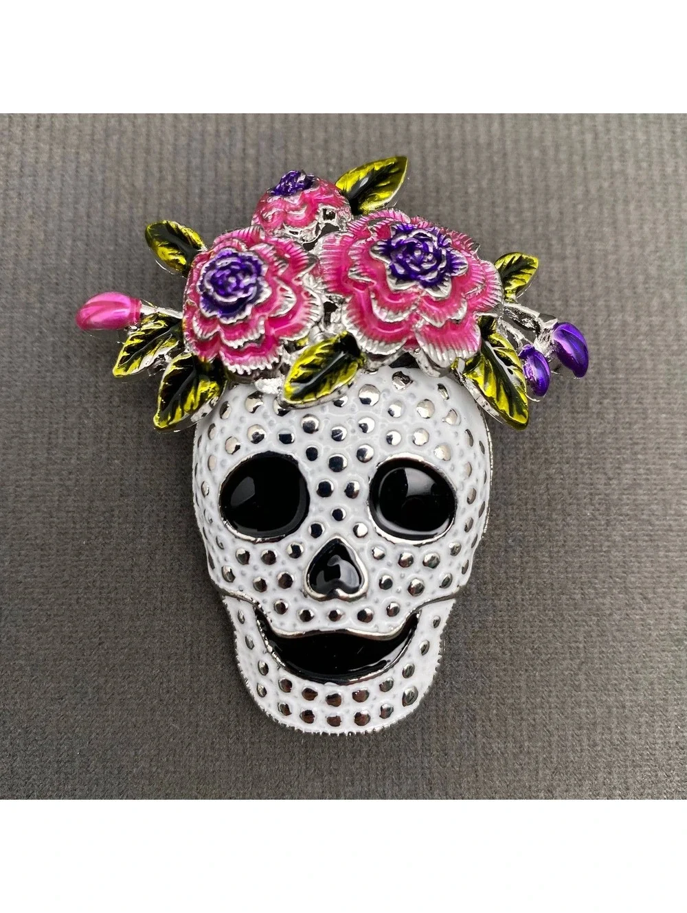 Halloween Skull with Wreath Enamel Brooch Pink